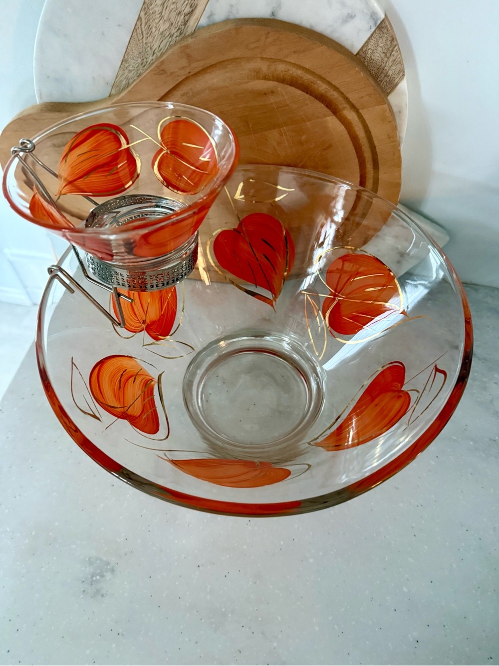 Anchor Hocking Glass Chip and Dip Set with Orange and Gold hand painted leaves